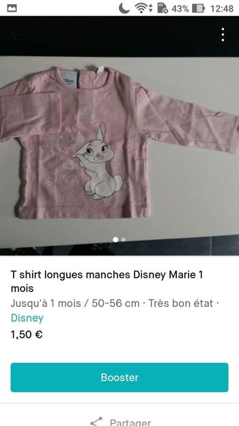 T shirt manches longues manches Disney Marie 1 mois