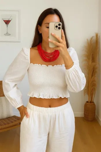 Crop top péplum froncé col carré Mango