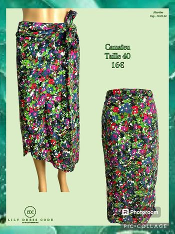💚 Jupe portefeuille fleurie Camaïeu – fond noir multicolore – Taille 40 SOLDÉ -20% 💚