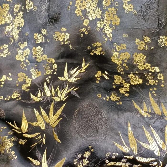Robe chinoise noire dorée satinée col mao broderies florales taille M fendue A1349 - photo numéro 5