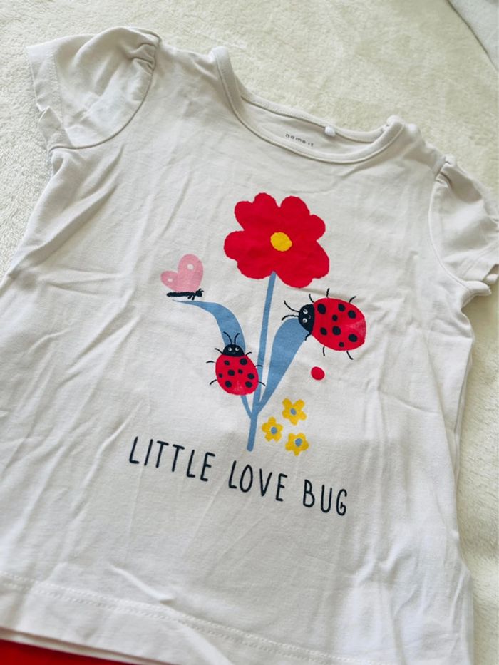 Ensemble tee shirt beige avec coccinelle et fleurs + leggins rouge 9-12 mois 80cm - photo numéro 3