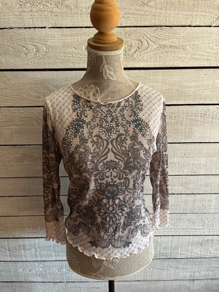 Top mesh y2k strass et motif broderie vintage