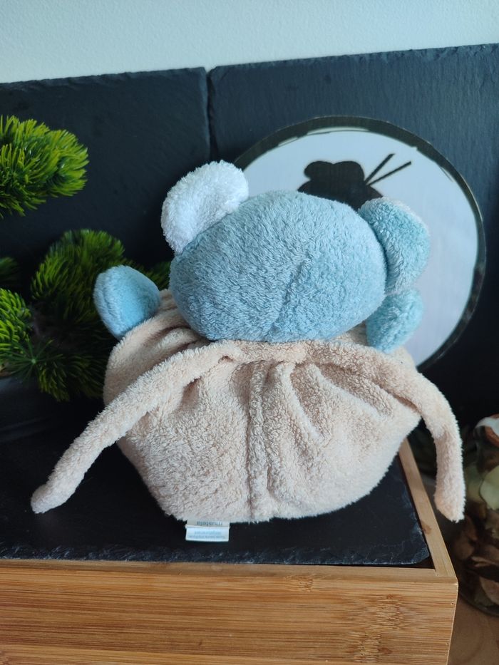 peluche Doudou ours boule Musti mustela écharpe bleu blanc beige marron poche - photo numéro 2