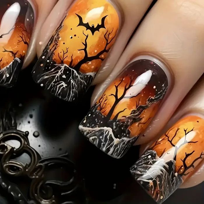 🦇 Faux ongles Halloween Forêt Hantée – 24 pièces pour un look mystique ! 🌕🕸️