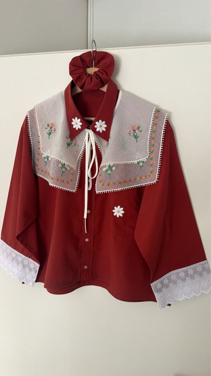 chemise coton fluide oversize rouge brique maxi col chic blanc brodé vintage - photo numéro 2