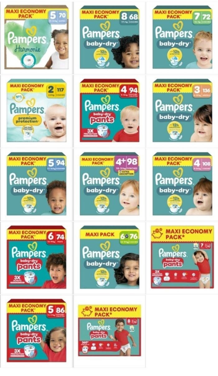 Lot de 3 Cartons Pampers Maxi Economy Pack  taille 2/3/4/4+/5/6/7/8