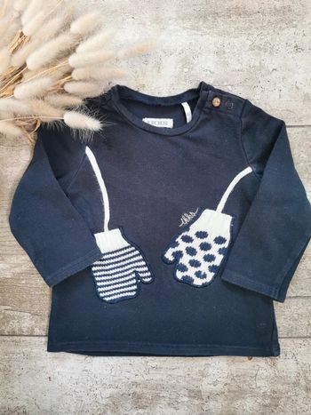 🌺IKKS 6mois Très joli teeshirt manches longues bleu marine et blanc pois rayure blanc moufles fille