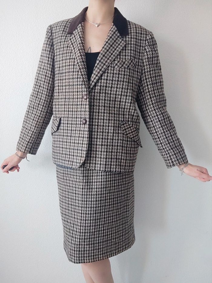 Ensemble tailleur jupe pied de poule marron beige laine vintage / C&A - 38/M ร 40/L - photo numรฉro 3