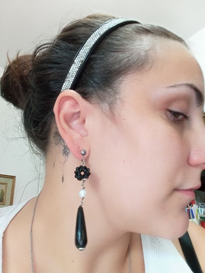 Orecchini donna clip vintage artigianali argento 925 perla fiume neri bianchi - photo numéro 9