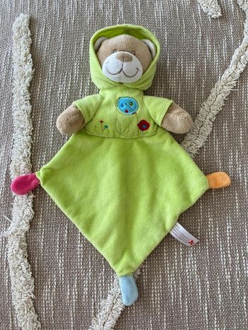 Peluche doudou plat 33cm Nicotoy ours vert marron capuche très bon état