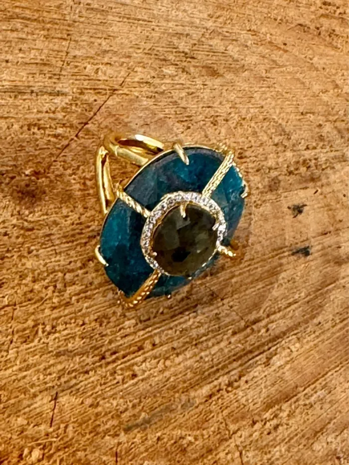 Grosse bague habaha Paris tourmaline et apatite véritable zircons acier inoxydable or - photo numéro 5