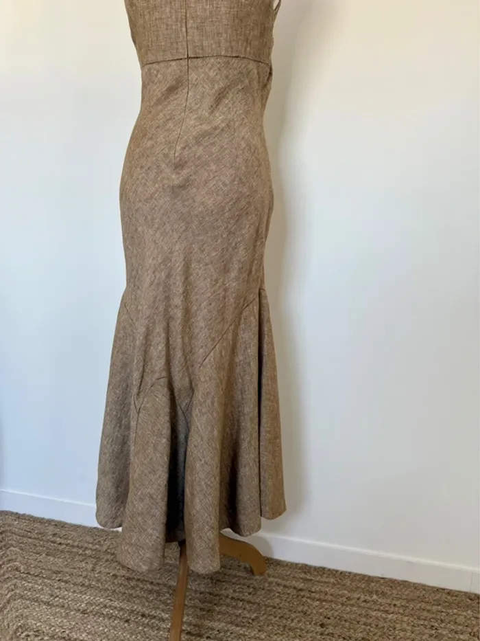 Robe longue marron bretelles été volant zip midi woman donna mujer 40 lin taupe Kleid dress Vestido - photo numéro 4