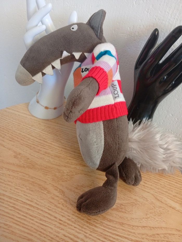 Peluche petit loup 25cm avec pull multicolore printemps - photo numéro 4