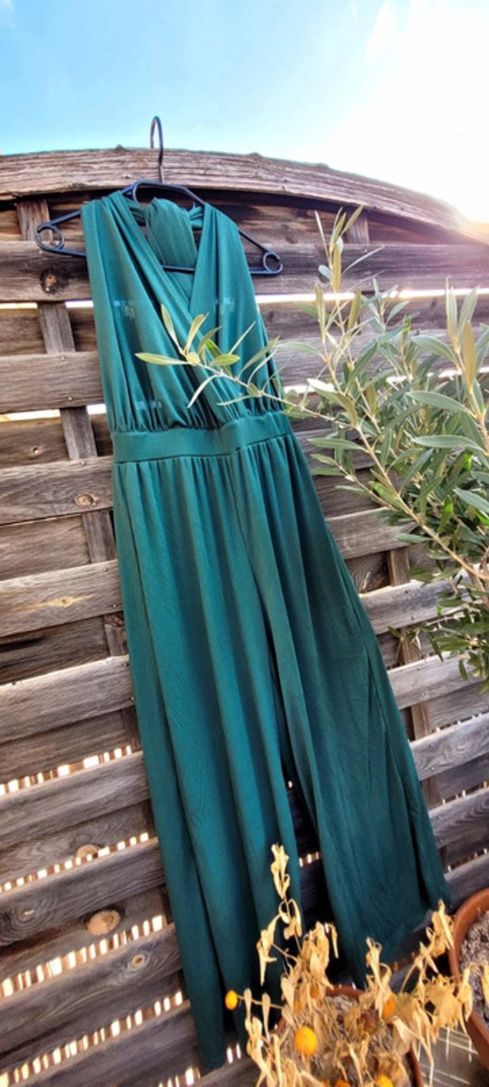 Magnifique combinaison Bohême Chic dos nu longue vert foncé nœud multi solutions taille M Neuf - photo numéro 4