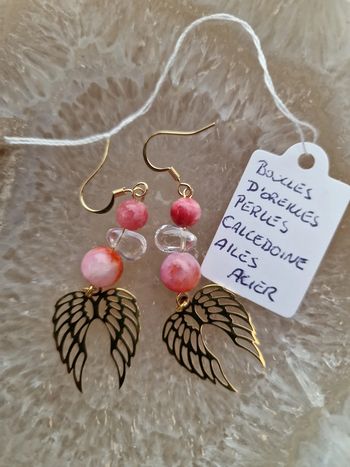 Boucles D'oreilles Ailes Acier Perles Calcedoine