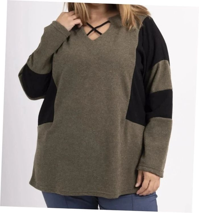 Pull bicolore curvy noir et kaki