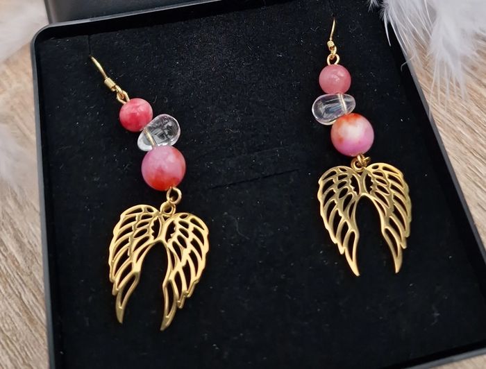 Boucles D'oreilles Ailes Acier Perles Calcedoine - photo numéro 7