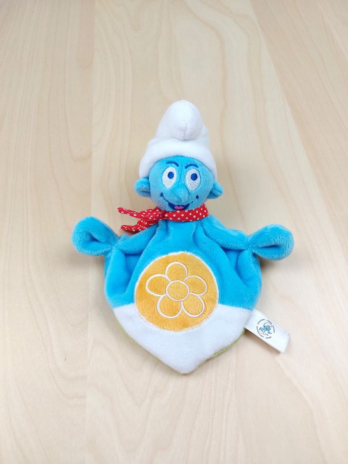 Doudou plat hochet schtroumpf JEMINI fleur jaune bleu vert écharpe rouge pois