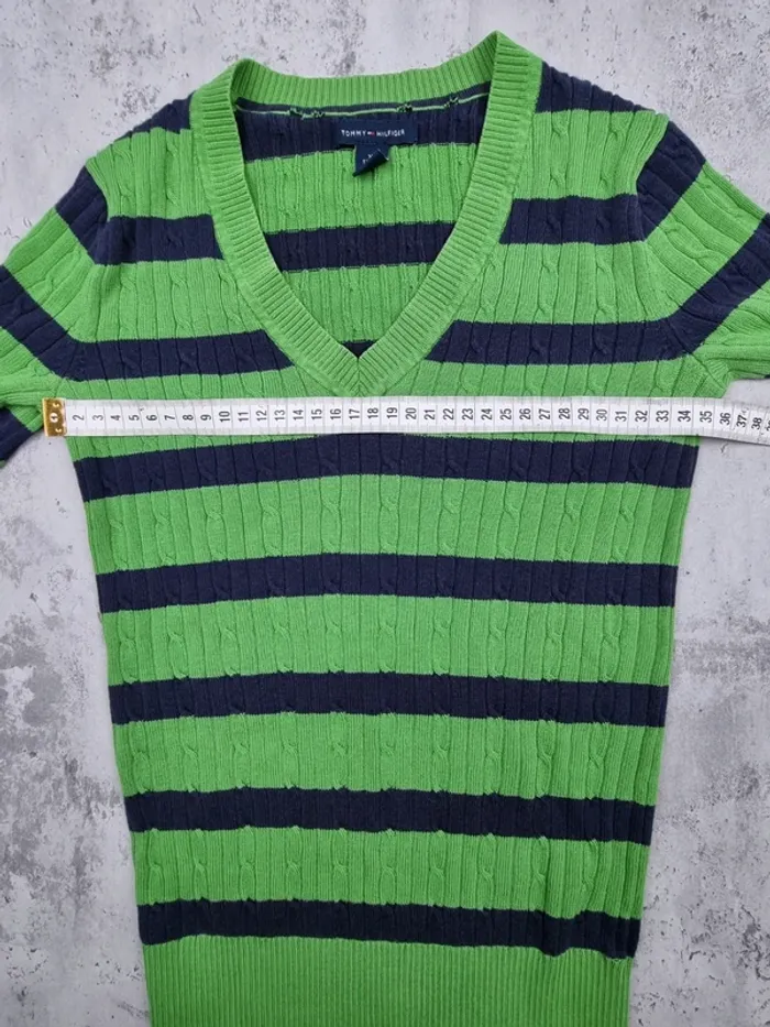 Pull torsadé rayé vert et bleu marine Tommy Hilfiger – Taille XS Femme (mesures en photos) - photo numéro 8