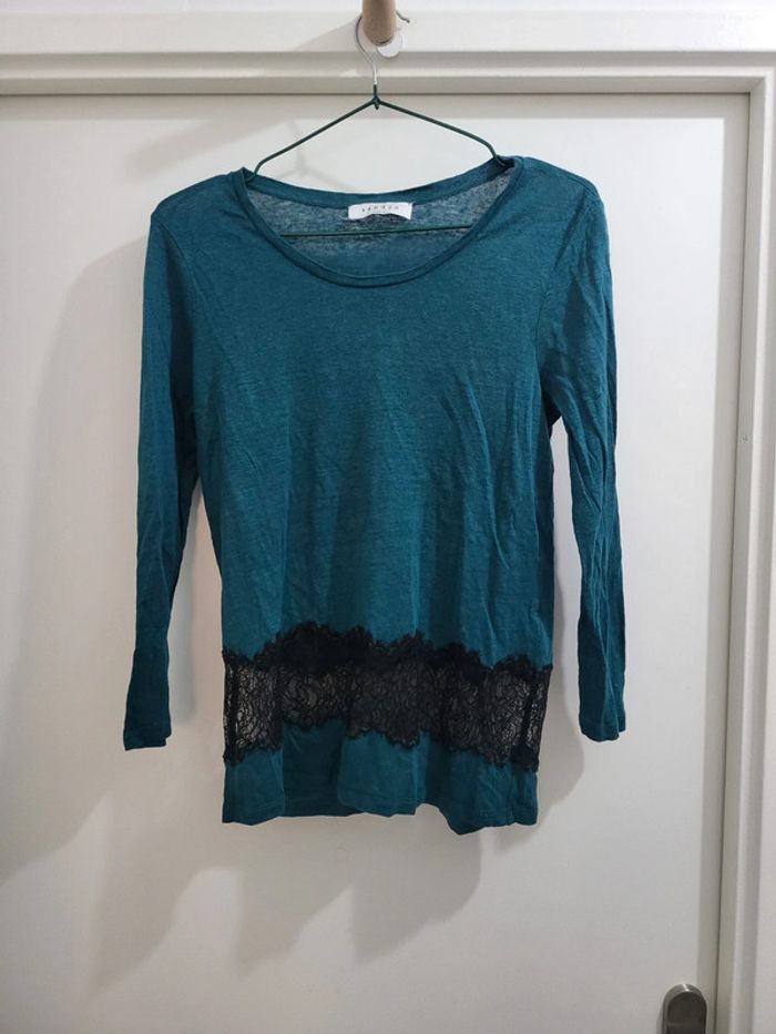 Sublime Top Sandro en lin bleu canard avec dentelle Taille S🦆 - photo numéro 5