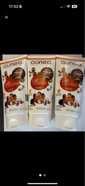 LOT DE 3 - AUNEA COSMÉTIQUE - Lait Corporel Bébé & Enfant Karité Amande Argan 200ml x 3