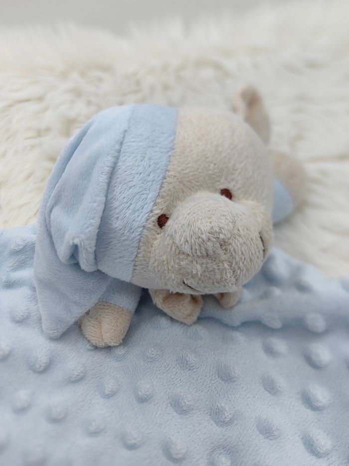 Doudou plat ours Beige Bleu clair InterBaby bonnet - photo numéro 3