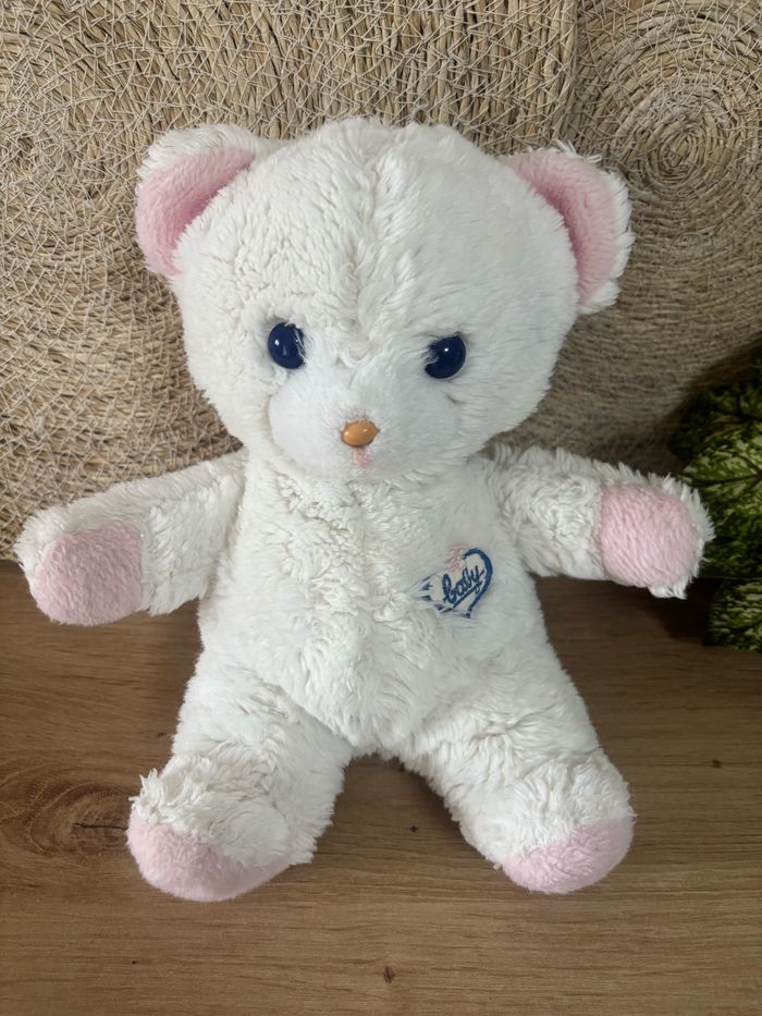 Vintage peluche ours blanc rose baby yeux bleus boulgom - photo numéro 2