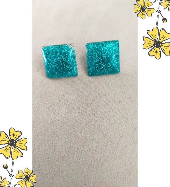 Boucles d'oreilles carrées turquoise pailletées – Fait main - Collection : Brume Bleue - photo numéro 6