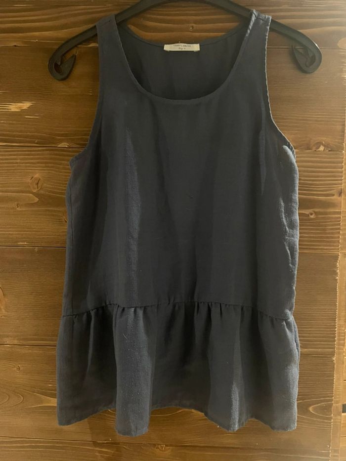 Top peplum bleu gris aspect lin