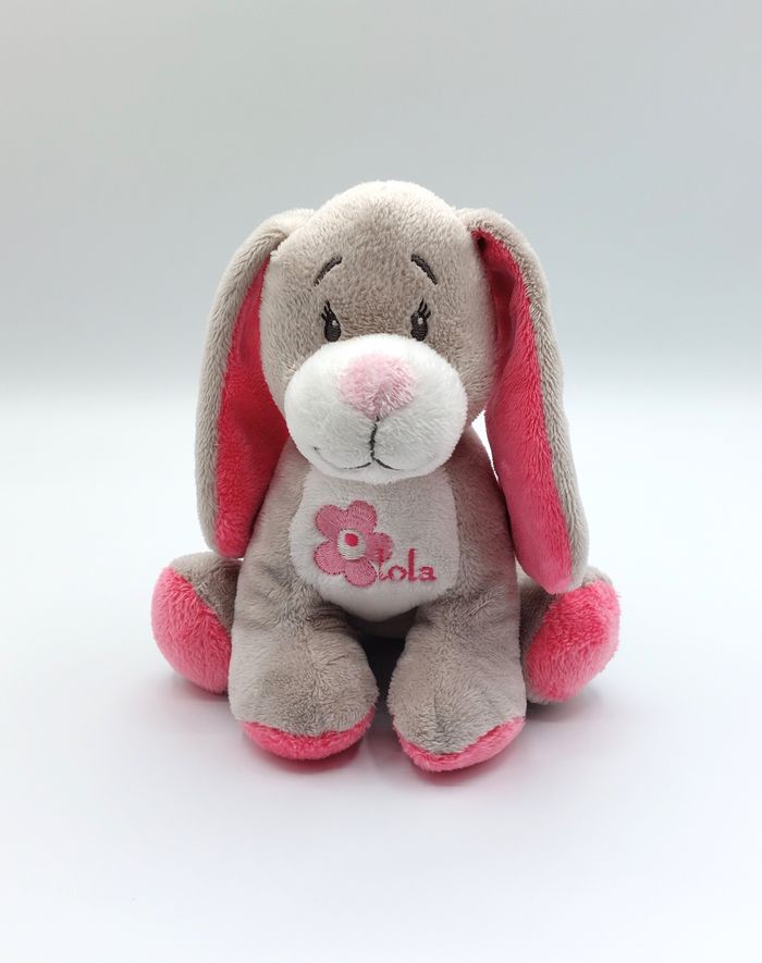 Peluche doudou chien gris rose ARTHUR ET LOLA BEBISOL fleur rose 18 cm assis