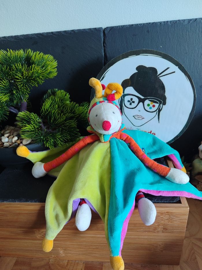 Doudou Knuffel Dragobert Moulin Roty Réversible Vert Violet Lutin Clown Rose - photo numéro 2