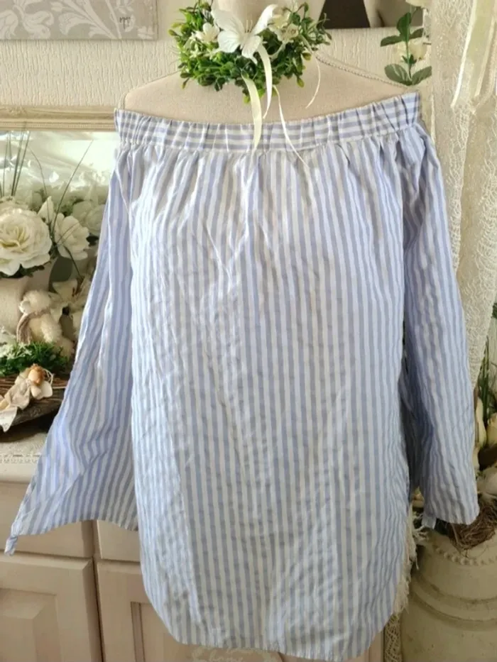 Blouse epaules dénudées rayée blanc bleu ciel Ardene Taille XL