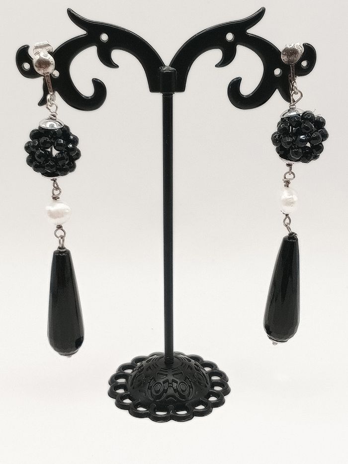 Orecchini donna clip vintage artigianali argento 925 perla fiume neri bianchi