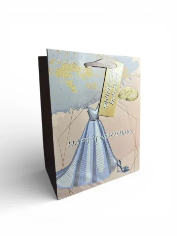 Sac cadeau mariage “Joyeux Mariage” Kariiou motif robe/bague 18x23x10 cm Neuf