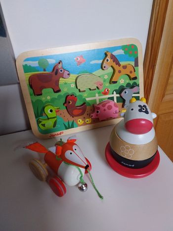 3 Jouets Janod en bois : 1 puzzle, 1 culbuto et un renard à promener