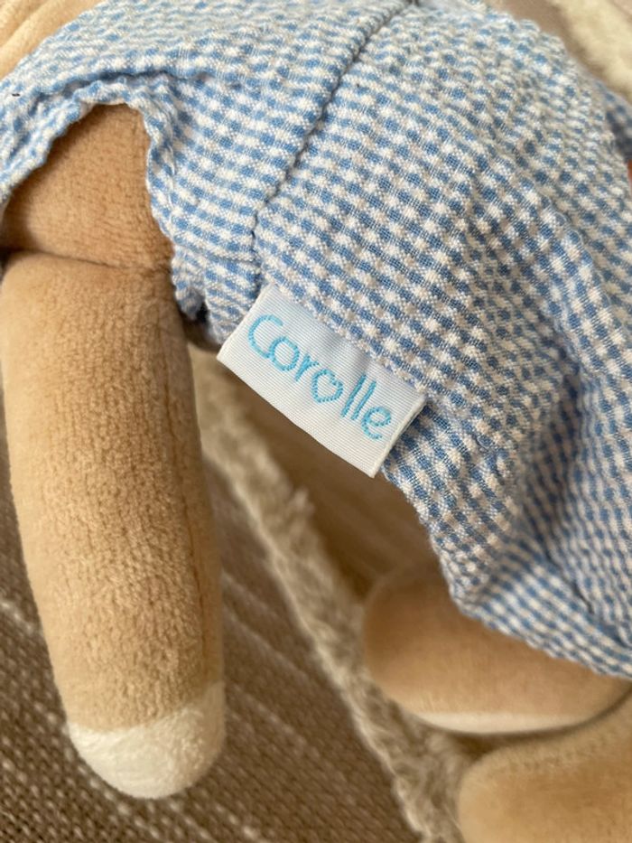 Peluche doudou 28cm corolle lion beige bleu à carreau très bon état - photo numéro 4