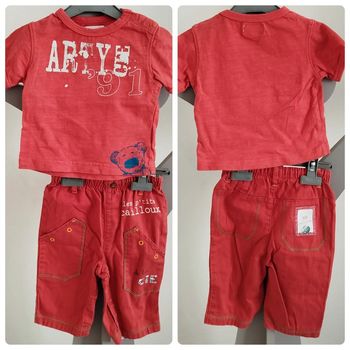 Ensemble pantalon tee-shirt manches courtes rouge orangé La Compagnie des petits taille 6 mois