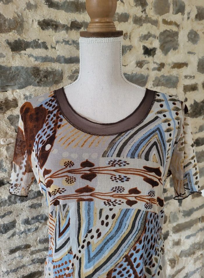 T-shirt blouse manches courtes à motifs marron bleu écru Afibel Taille 40 - photo numéro 2