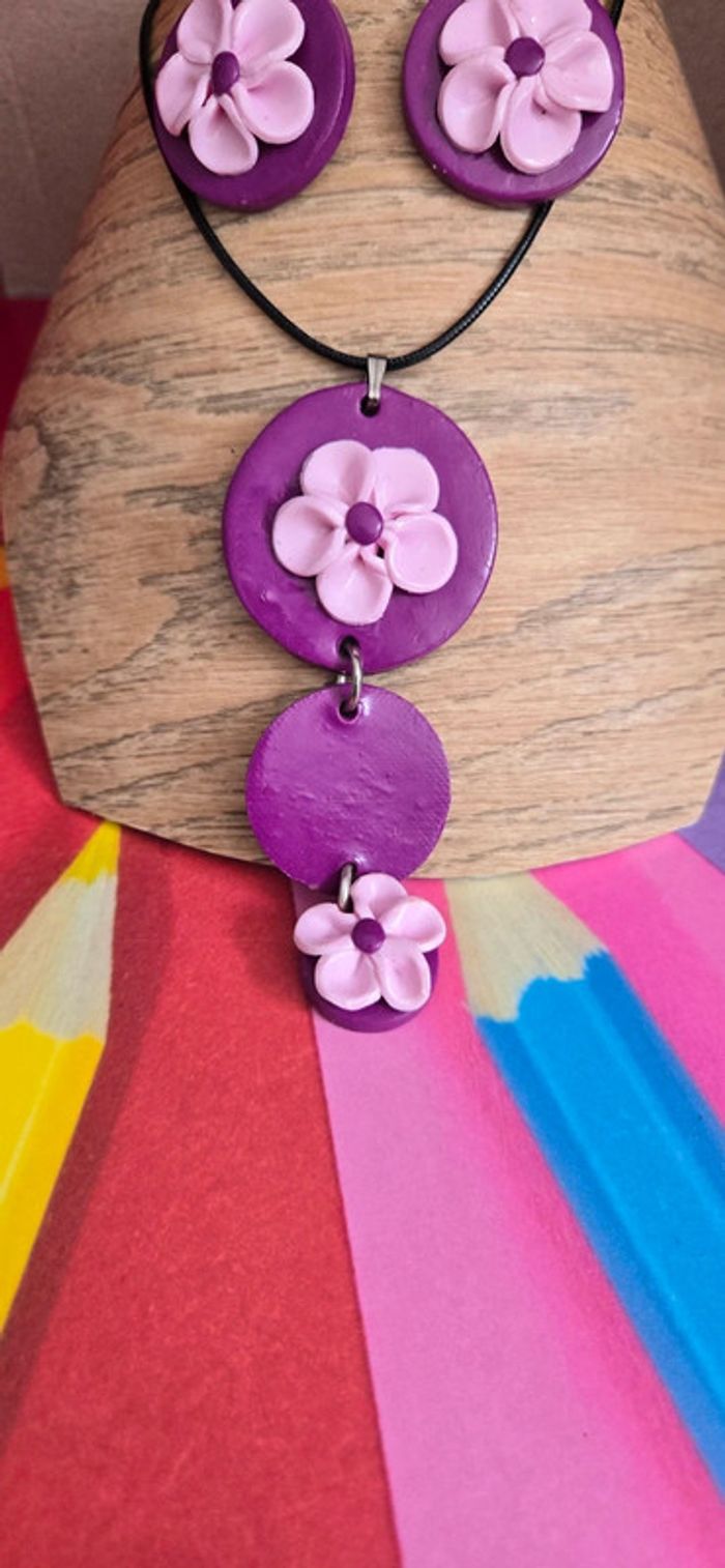 Parure Fimo fleur violet/lilas neuf - photo numéro 2