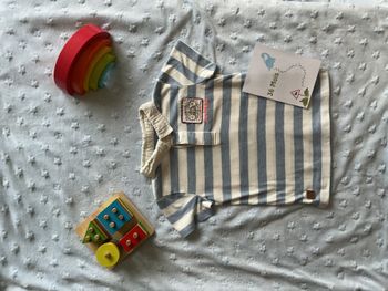 polo manches courtes rayé bleu clair et blanc 36 mois tex dessin au dos