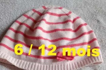 Bonnet  rose  clair rayé rose  Obaïbi Taille  6  /  12  mois