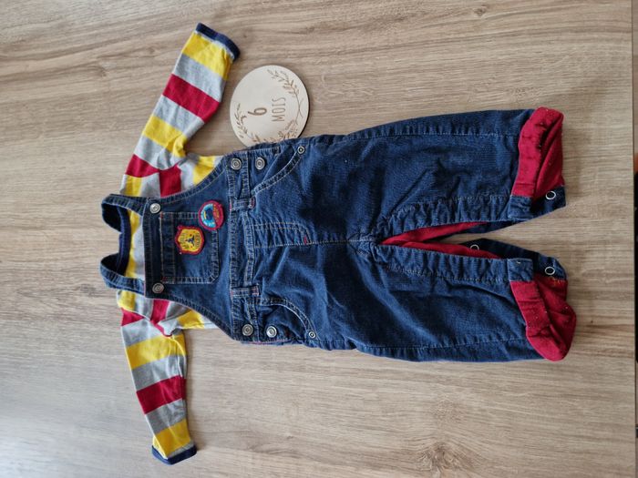 ENSEMBLE 2 Pièces : Salopette Jean Velours Doublée & T-shirt Rayé Mots d'enfants - 6 mois