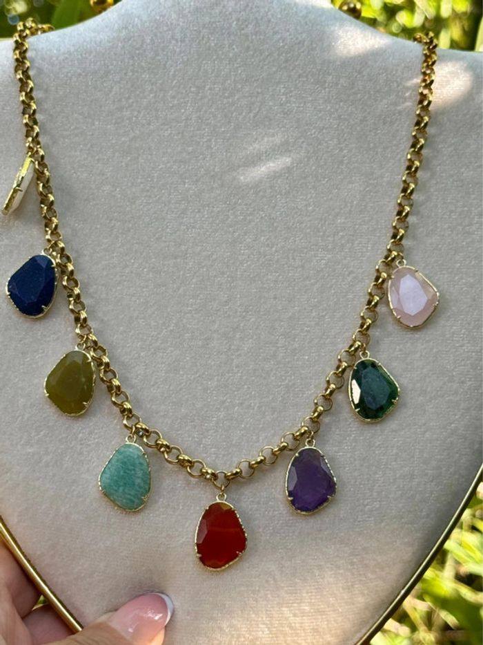collier mailles épaisses acier inoxydable or habaha Paris pavés pierres naturelles véritables - photo numéro 3