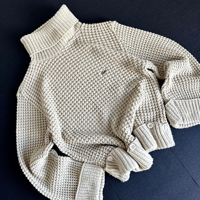 Pull Lacoste Brodé Beige Coton Col Roulé Vintage Maille Épaisse Size S/M - photo numéro 8
