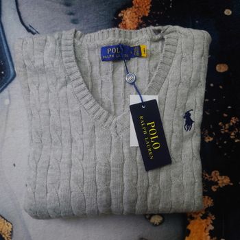 Pull torsadé à col V Ralph Lauren - Taille L - Gris logo brodé noir - Neuf