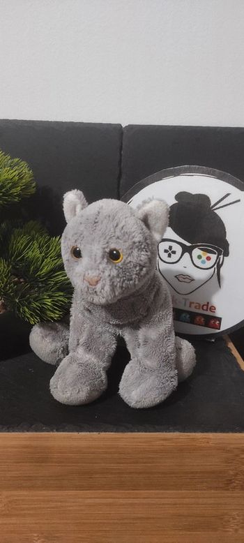 peluche doudou chat ancien gris yeux bille jaune nez rose ancien vintage