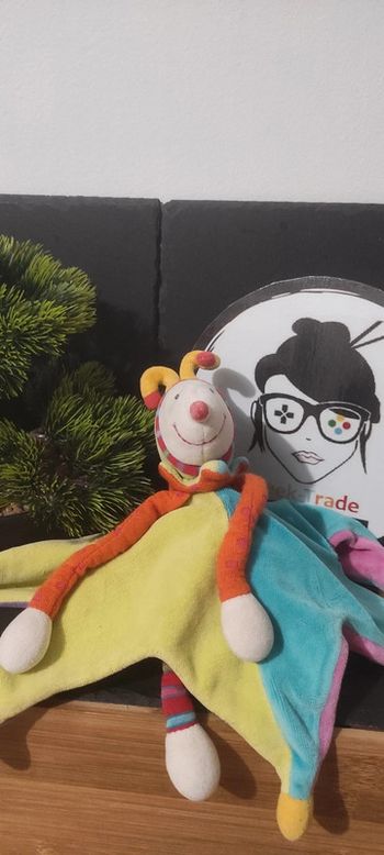 Doudou Knuffel Dragobert Moulin Roty Réversible Vert Violet Lutin Clown Rose