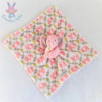 Doudou plat éléphant rose blanc gris Blankets & Beyond