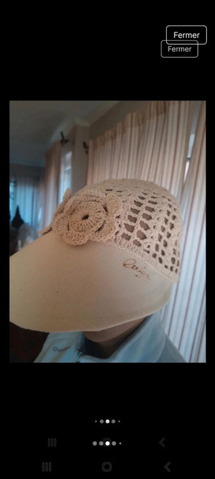 Joli Chapeau beige tricoté en coton/lin fait main - photo numéro 3