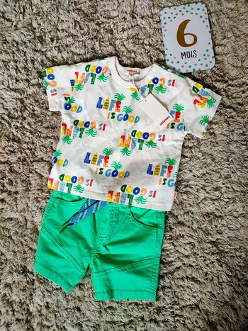 Ensemble short/T-shirt catimini vert et beige 6 mois